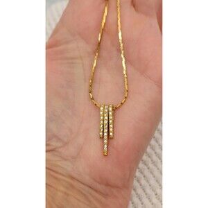 Gold Plate Snake Chain Necklace with Art Deco Rhinestone Vertical Bar Pendant
